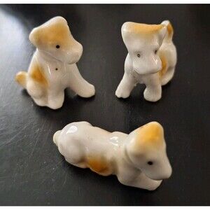 VTG 3 Terrier Puppies Brown Off White Miniature Porcelain Japan Dollhouse